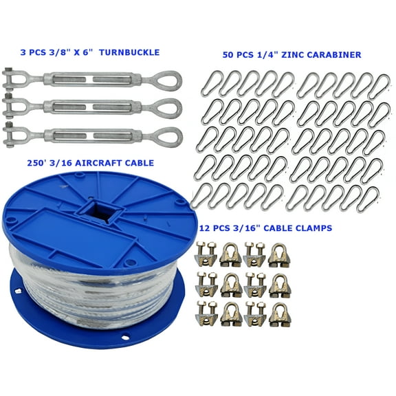 Jones Sports Heavy Duty Indoor/Outdoor Cable Kit for Batting Cage Nets Up to 55' Long Includes 3/8" Turnbuckles, 3/16" Cable Clamps, and Zinc Snap Clips
