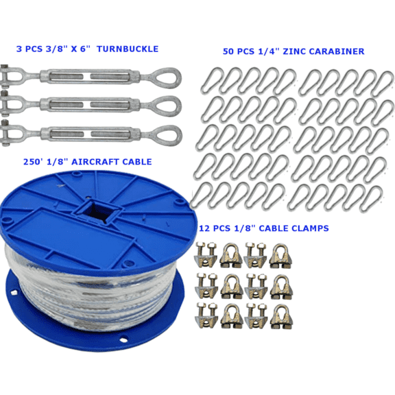 Jones Sports Medium Duty Indoor/Outdoor Cable Kit for Baseball Softball Batting Cage Net with 3/8" turnbuckles, 1/8 Cable Clamps, and zinc (Cable Kit for Up to 55' Long Cage)