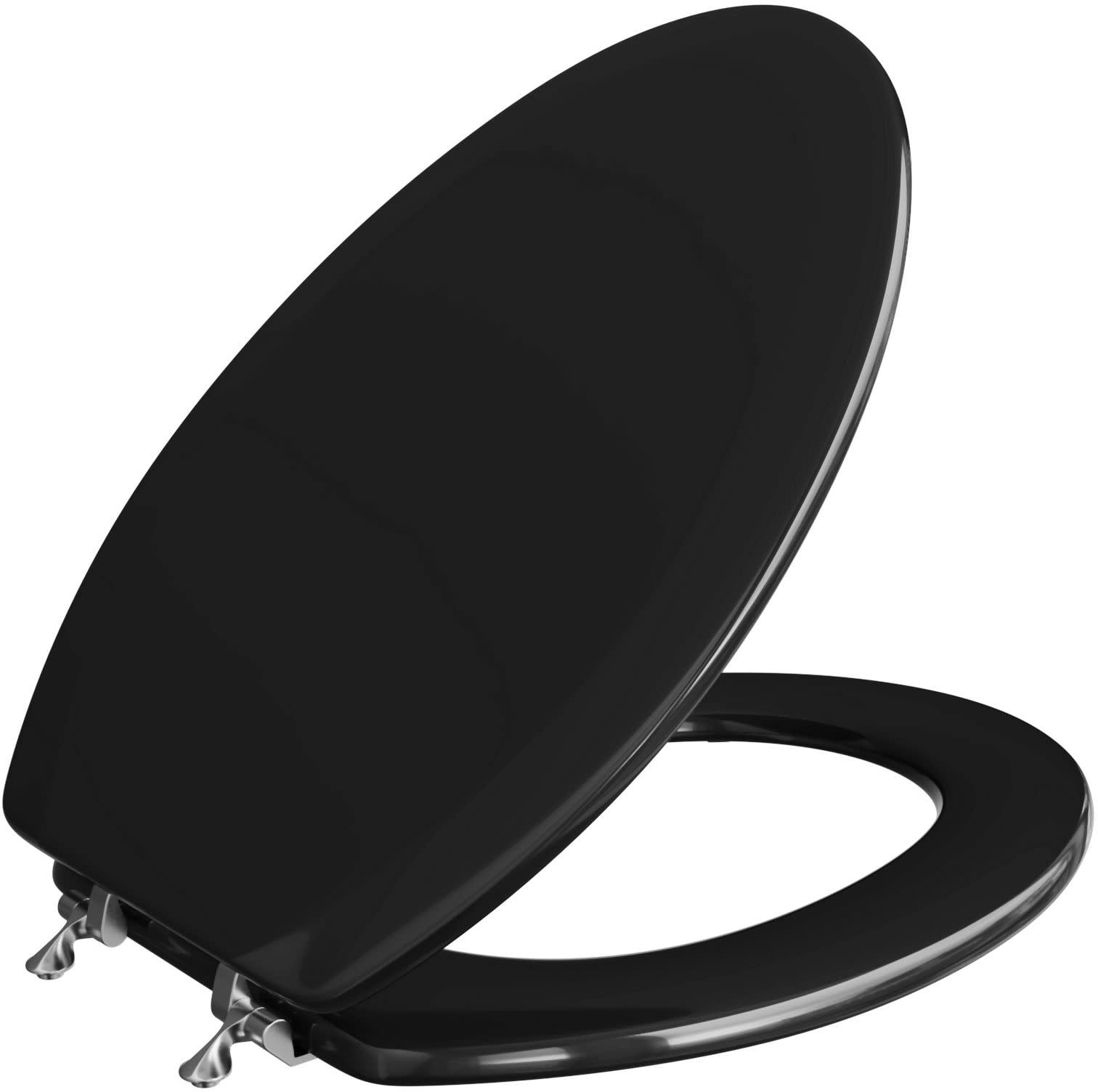 Black Molded Wood Elongated Toilet Seat with Chrome Hinges