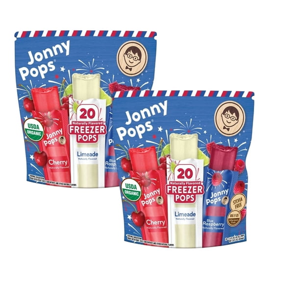 Jonny Pops Patriotic Red, White, and Blue Naturally Flavored Freezer Pops, Cherry, Limeade, Blue Raspberry, 20 Count, Pack of 2