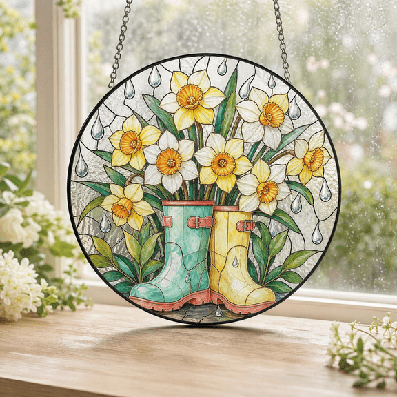 Jonquil Rain Boot Stained Glass Suncatcher, Circular Spring Window Hanging Gift