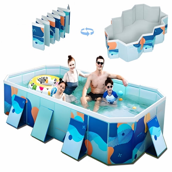 SIMANLI 82in Foldable Above Ground Hard Plastic Pool - Non-Inflatable Family Pool with 2 Drains, Easy Setup for Backyard, Garden, Patio (Blue)