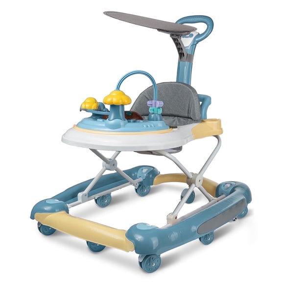 Jonster Baby Walker, 4 in 1 Foldable Walkers with Wheels & Removable Feeding Tray & Music Tray, Activity Push Walker for Baby Boys / Girls, Blue