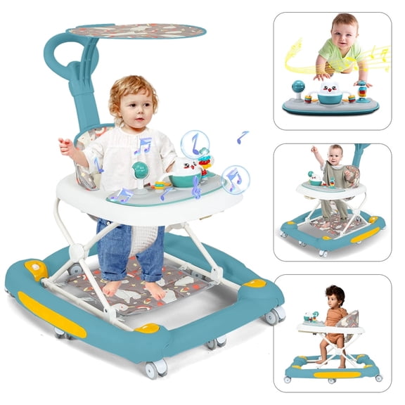 SIMANLI 6-in-1 Convertible Baby Walker and Activity Center, Foldable Push Walker with Music, Rocker, Snack Tray & Adjustable Height, Safe Wide Base with Brake, for 6-24 Months Infant Toddler, Green