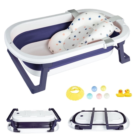 Jonster Foldable Baby Bathtub, Travel Portable Bath Tub with Cushion & Toy for Infants to Toddler, Blue