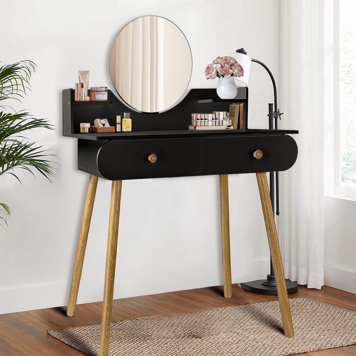 SIMANLI Black Vanity Desk Set with Mirror, Modern Makeup Vanity Dressing Desk with 2 Drawers & 2 Shelves (Without Stool)