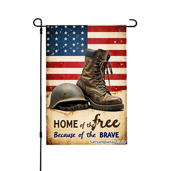 Joocar American Flag Soldier Boot And Helmet Home Of The Free Because Of The Brave Linen Garden Flag For Spring Summer Home Outdoor Garden Yard Door Decor 12x18 Inch