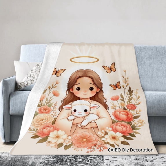 Joocar Angel With Lamb Floral Design Fleece Throw Blanket For Winter Gift Home Sofa Bed Decoration 40x50 inch