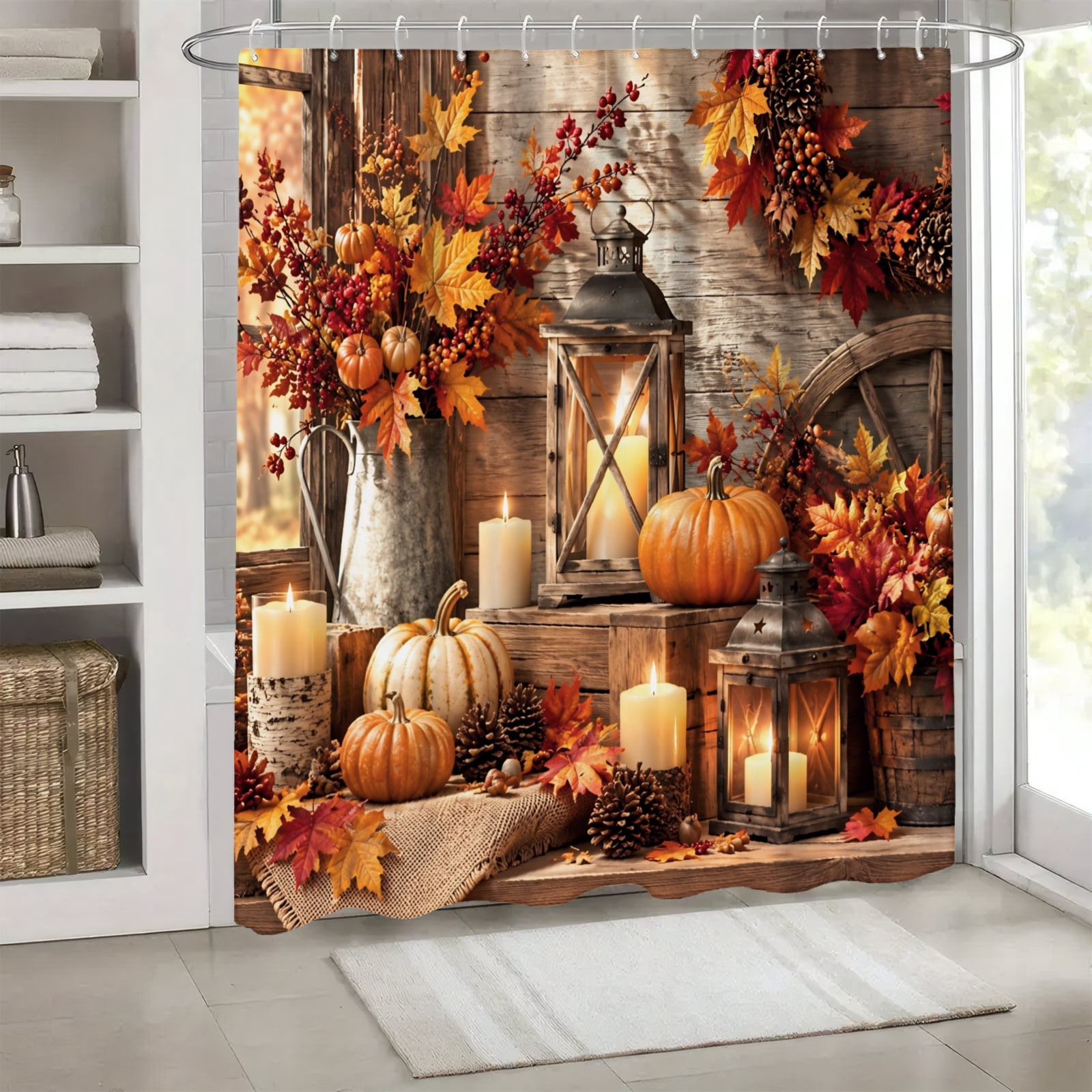 Joocar Autumn Pumpkins Leaves Lanterns Decor Polyester Shower Curtains ...