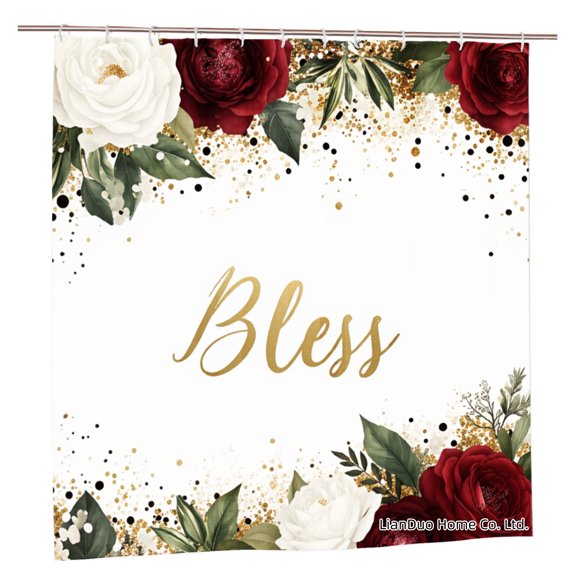 Joocar Bless Floral Gold Foil Polyester Shower Curtain For Home Bathroom Bath Tub Decoration 72x72 Inch