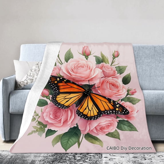 Joocar Butterfly And Roses Flannel Blanket For Winter Gift Home Sofa Bed Decoration 60x80 inch