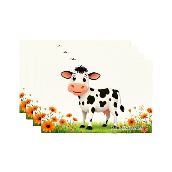 Joocar Cartoon Cow With Flowers Design Linen Table Mats Set Of 4 For Home Kitchen Table Decor 12x18 inch