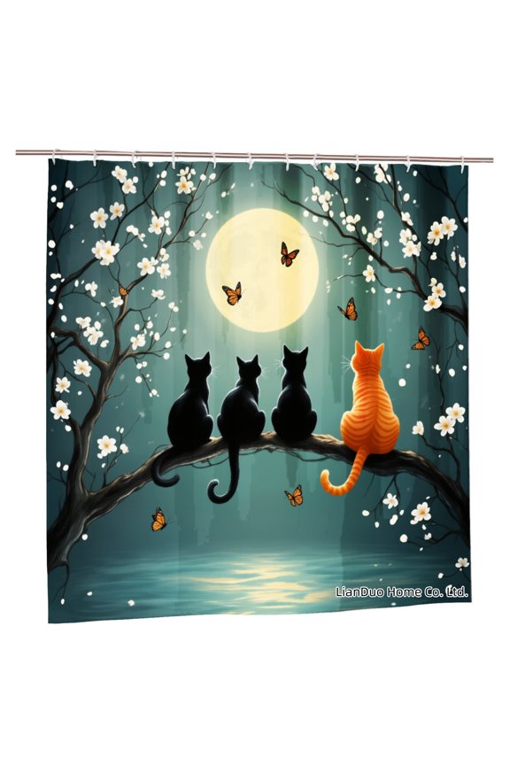 Cats On Tree Branch Under Moonlight With Butterflies And Blossoms Polyester Shower Curtain For Home Bathroom Bath Tub Decoration 72x72 inch