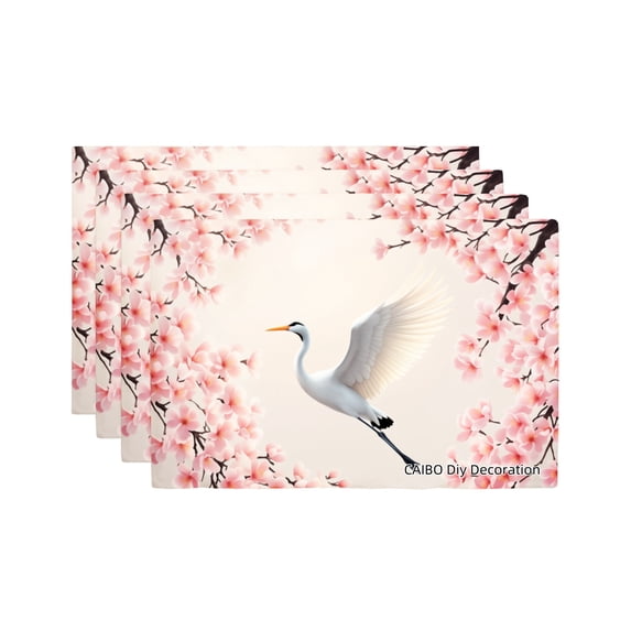 Joocar Cherry Blossom Crane Design Linen Table Mats Set Of 4 For Home Kitchen Table Decor 12x18 inch