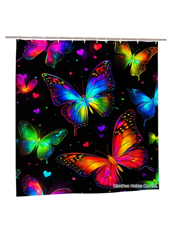 Colorful Butterfly And Hearts Polyester Shower Curtain For Home Bathroom Bath Tub Decoration 72x72