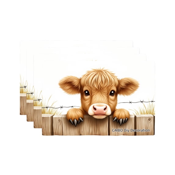 Joocar Cute Cow Peeking Over Fence Linen Table Mats Set Of 4 For Home Kitchen Table Decor 12x18 inch