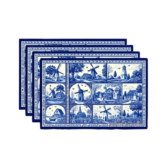 Joocar Dutch Windmill Scene Blue And White Table Mats Set Of 4 For Home Kitchen Table Decor 12x18 inch