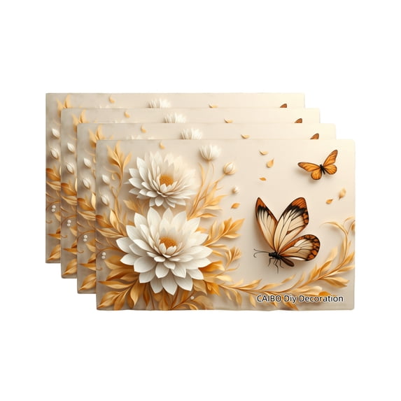Joocar Elegant Floral And Butterfly Design Linen Table Mats Set Of 4 For Home Kitchen Table Decor 12x18 inch