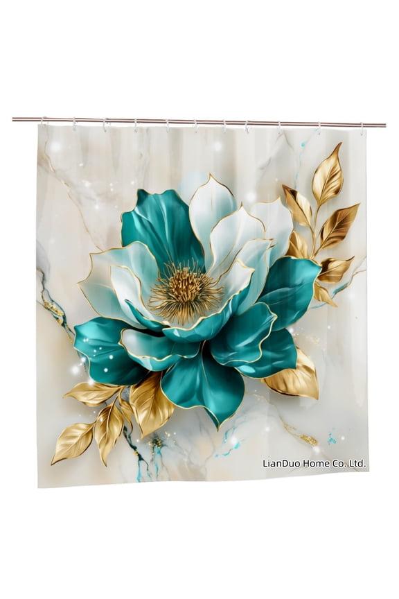Elegant Teal And Gold Flower Polyester Shower Curtain For Home Bathroom Bath Tub Decoration 72x72 inch