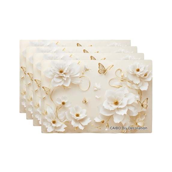 Joocar Elegant White Floral And Gold Butterfly Design Placemats Set Of 4 For Home Kitchen Table Decor 12x18 inch Linen Table Mats Set Of 4 For Home Kitchen Table Decor 12x18 inch