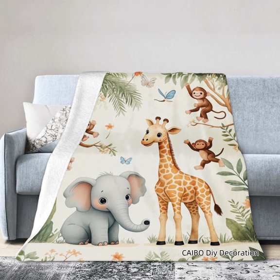 Joocar Flannel Blanket With Cute Jungle Animals Elephant Giraffe Monkey And Butterflies For Winter Gift Home Sofa Bed Decoration 50x60 inch