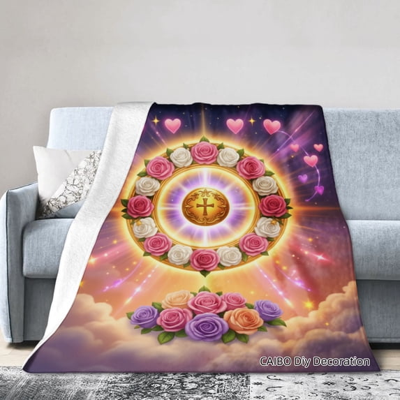Joocar Floral Cross Design Fleece Throw Blanket With Roses And Hearts For Winter Gift Home Sofa Bed Decoration 50x60 inch