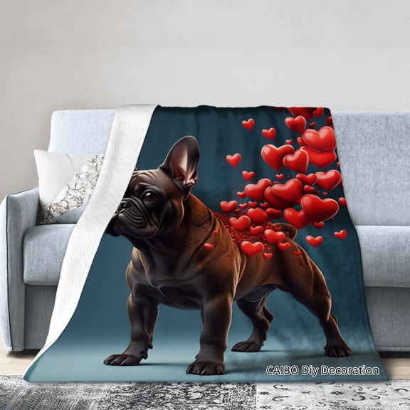 Joocar French Bulldog With Hearts Flannel Blanket For Winter Gift Home Sofa Bed Decoration 40x50 inch