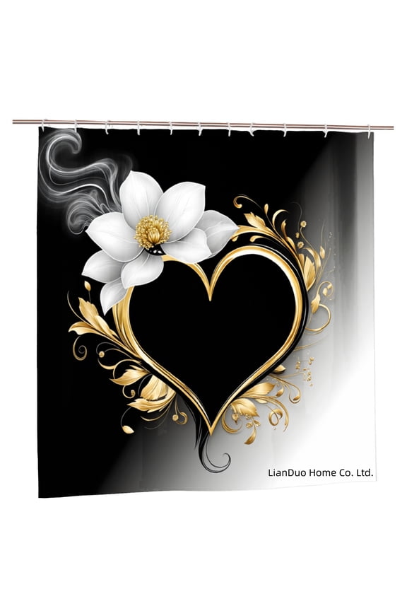 Golden Heart And White Flower Polyester Shower Curtain For Home Bathroom Bath Tub Decoration 72x72 Inch