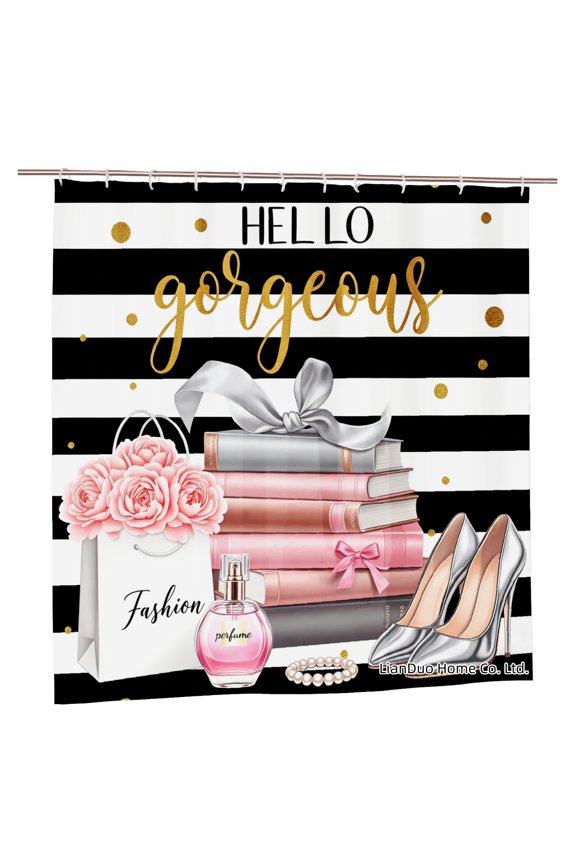 Hello Gorgeous Fashion Shower Curtain With Books Perfume And High Heels Design For Home Bathroom Bath Tub Decoration 72x72 inch