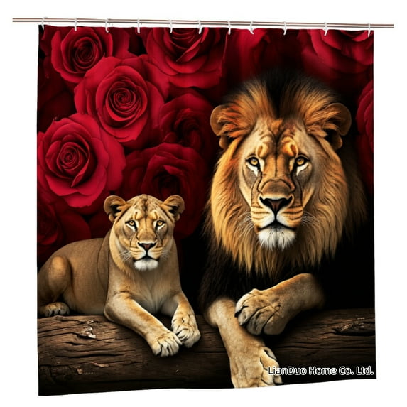 Joocar Lion And Lioness With Red Roses Polyester Shower Curtain For Home Bathroom Bath Tub Decoration 72x72 Inch