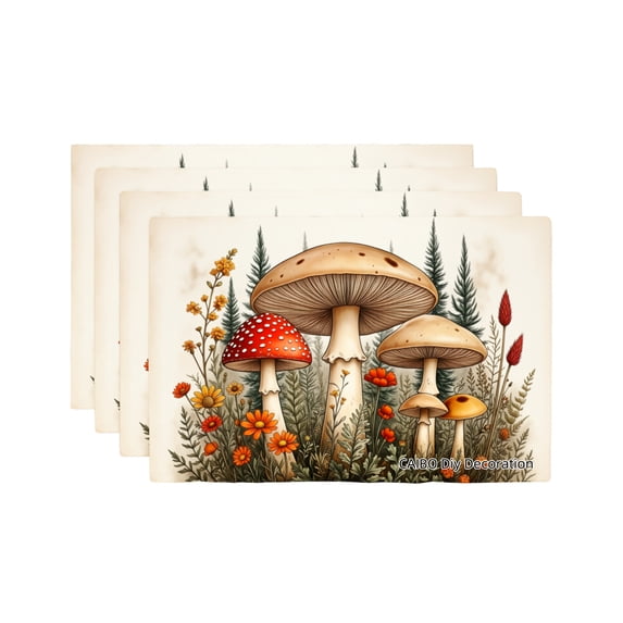 Joocar Mushroom Forest Design Linen Table Mats Set Of 4 For Home Kitchen Table Decor 12x18 inch