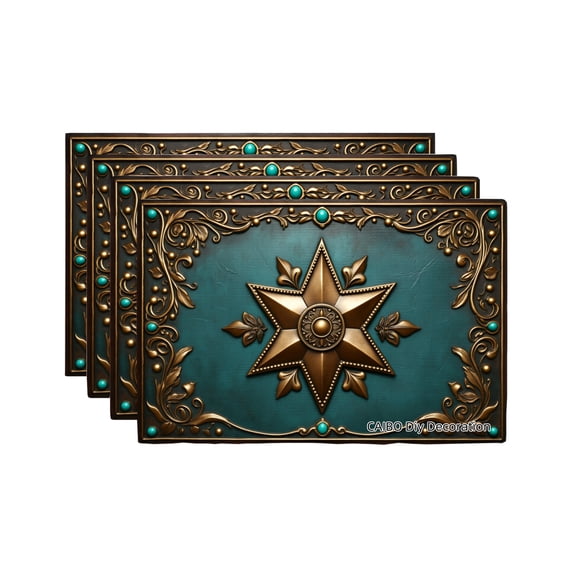 Joocar Ornate Bronze Star Design Teal Table Mats Set Of 4 For Home Kitchen Table Decor 12x18 inch