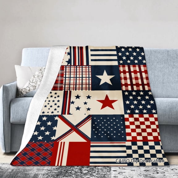 Joocar Patriotic Patchwork Flannel Throw Blanket Red White Blue Stars And Stripes Design For Winter Gift Home Sofa Bed Decoration 40x50 inch