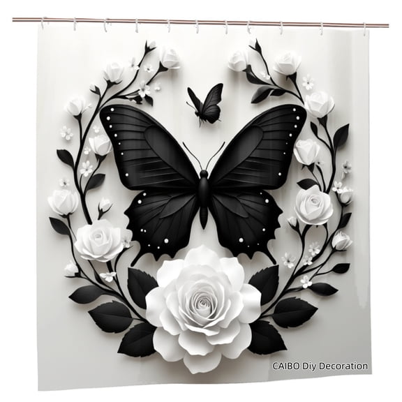 Joocar Polyester Shower Curtain Black Butterfly And White Roses Design For Home Bathroom Bath Tub Decoration 72x72 inch