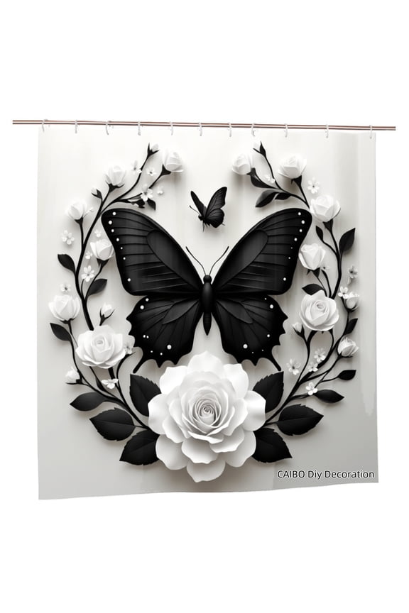 Polyester Shower Curtain Black Butterfly And White Roses Design For Home Bathroom Bath Tub Decoration 72x72 inch