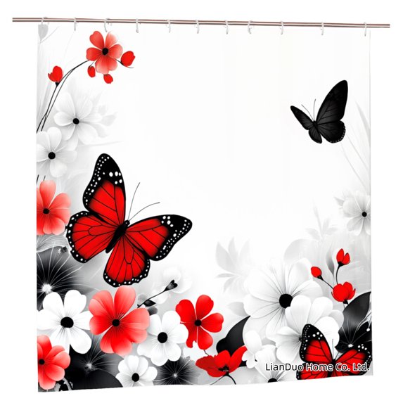 Joocar Polyester Shower Curtain With Red And Black Butterflies And Floral Design For Home Bathroom Bath Tub Decoration 72x72 Inch