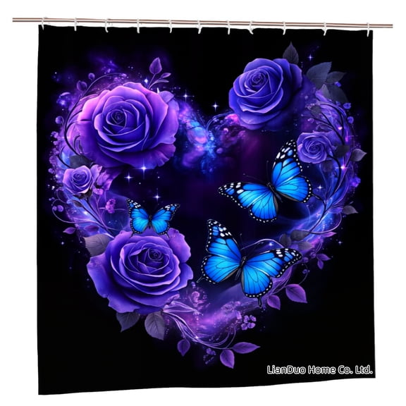 Joocar Purple Roses And Blue Butterflies Heart Design Polyester Shower Curtain For Home Bathroom Bath Tub Decoration 72x72