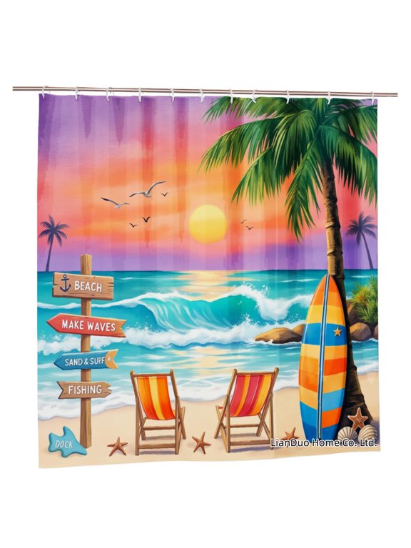 Shower Curtain Set Beach Sunset Palm Trees Surfboard Polyester Shower Curtains for Bathroom 72x72 inch