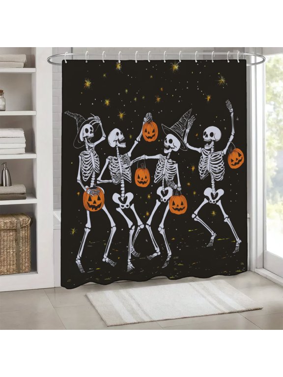 Shower Curtain Set Dancing Skeletons Holding Pumpkin Lanterns Polyester Shower Curtains for Bathroom 72x72 inch