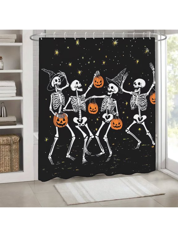 Shower Curtain Set Halloween Skeletons Holding Pumpkins Dancing Polyester Shower Curtains for Bathroom 72x72 inch