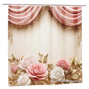 Joocar Shower Curtain Set Pink Roses Gold Leaves Drapes Polyester Shower Curtains for Bathroom 72x72 inch