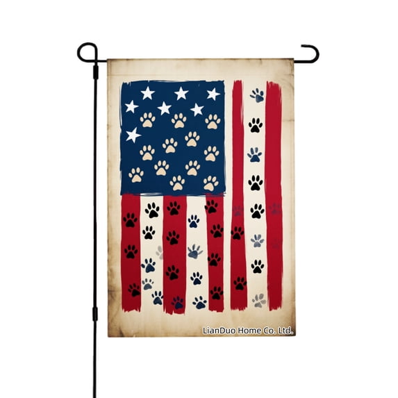 Joocar Spring Garden Flag American Flag With Paw Prints Linen Summer Garden Flags for Outside 12x18 inch