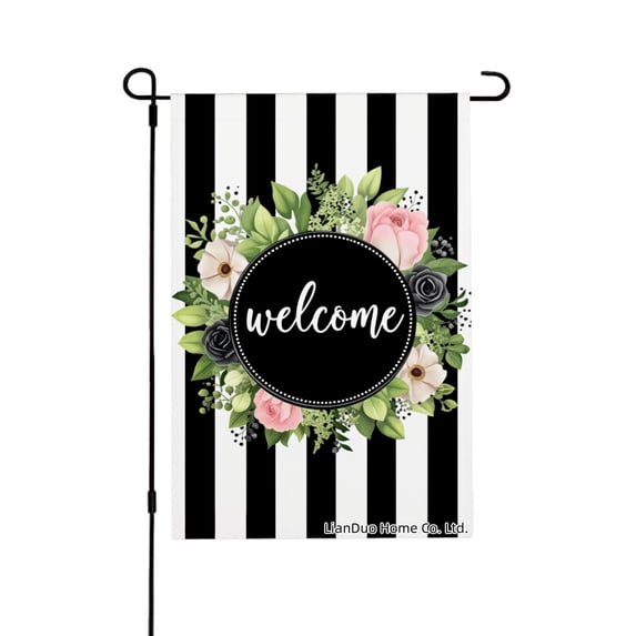 Joocar Spring Garden Flag Black And White Stripes With Flowers Linen Summer Garden Flags for Outside 12x18 inch