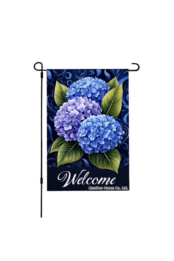Spring Garden Flag Blue Hydrangea Flowers Welcome Sign Linen Summer Garden Flags for Outside 12x18 inch