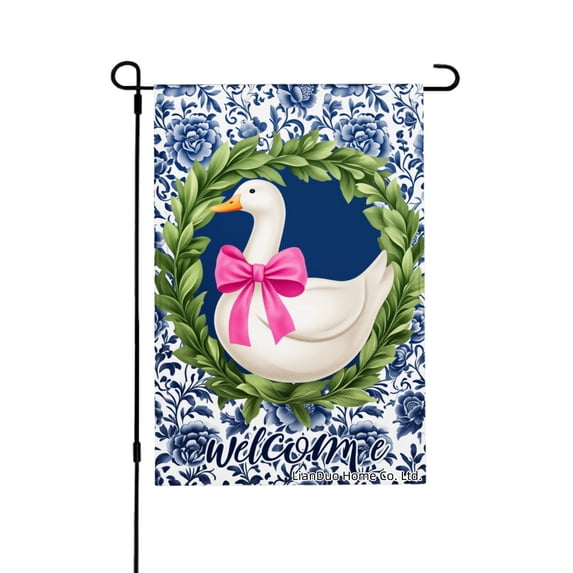 Joocar Spring Garden Flag Duck With Pink Bow And Wreath Linen Summer Garden Flags for Outside 12x18 inch
