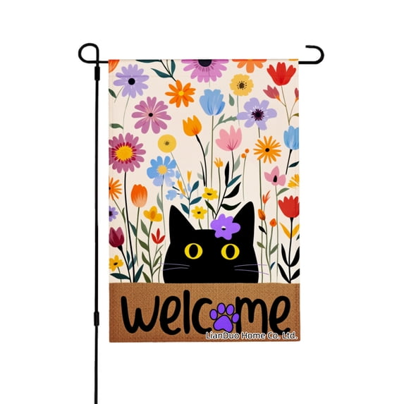 Joocar Spring Garden Flag Floral Cat Welcome Sign Pattern Linen Summer Garden Flags for Outside 12x18 inch