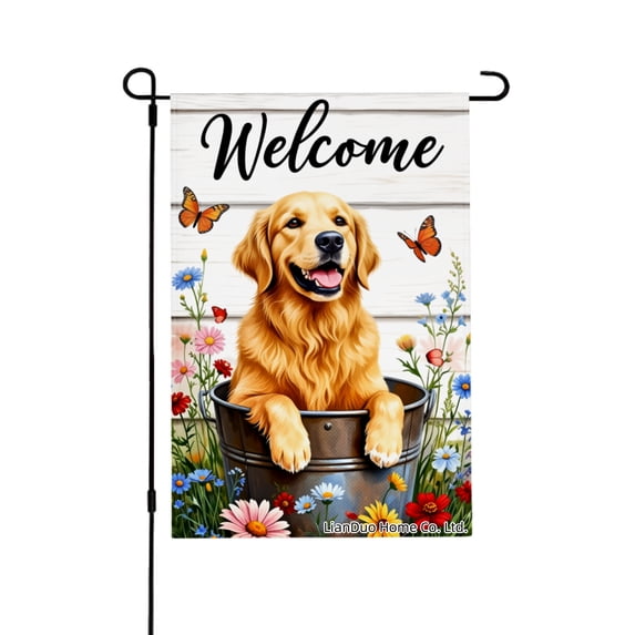Joocar Spring Garden Flag Golden Dog In Bucket With Flowers Linen Summer Garden Flags for Outside 12x18 inch