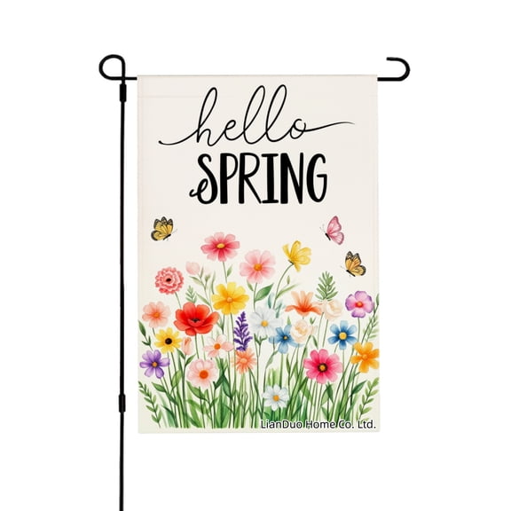 Joocar Spring Garden Flag Hello Spring Flowers Butterflies Linen Summer Garden Flags for Outside 12x18 inch