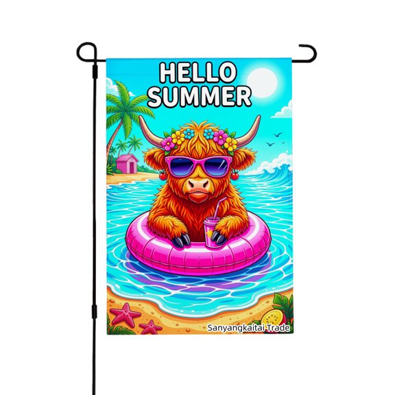 Joocar Spring Garden Flag Hello Summer Highland Cow Float Linen Summer Garden Flags for Outside 12x18 inch