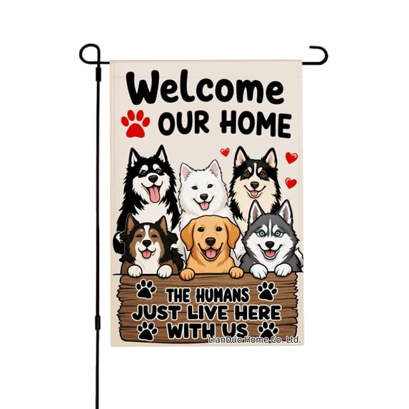 Joocar Spring Garden Flag Welcome Our Home Dogs Rule Linen Summer Garden Flags for Outside 12x18 inch